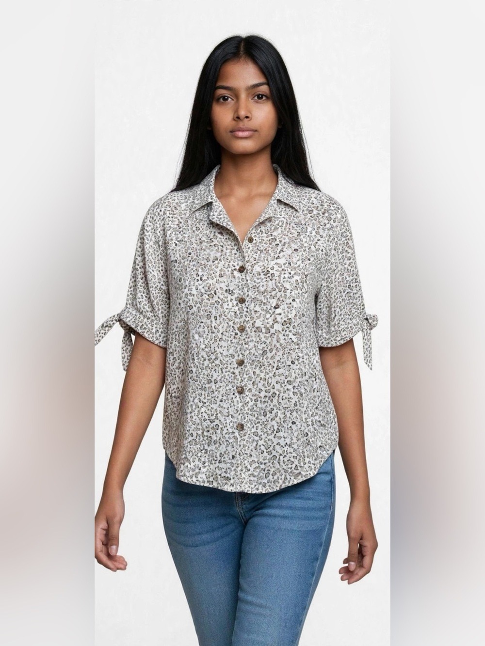 Abercrombie & Fitch Leopard Print Button Down Tie Sleeve Collared Blouse XS